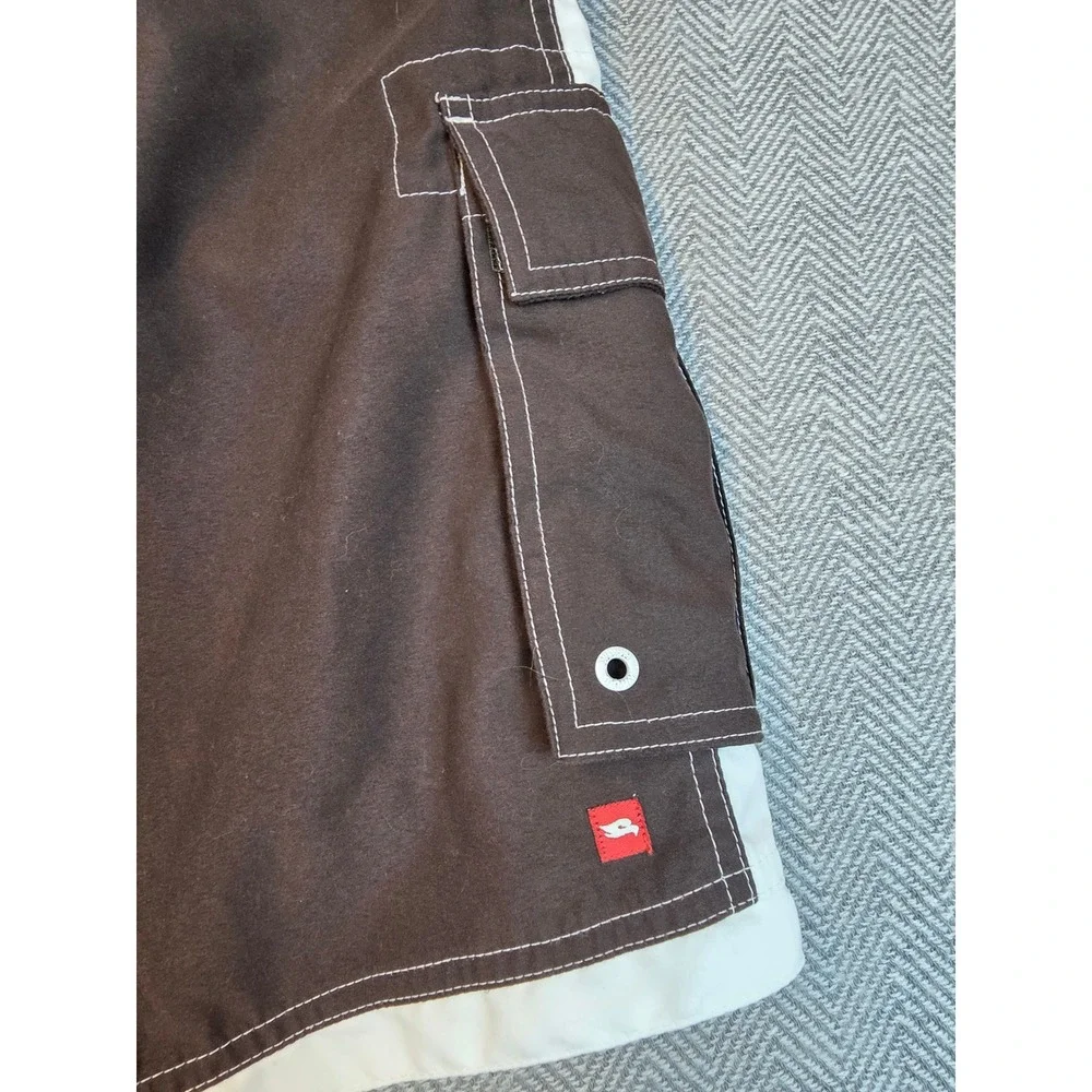 Tony Hawk Mens XL Brown White Side Stripe Cargo Board Shorts Swim Trunks Mesh